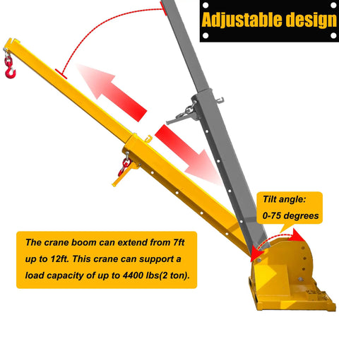 Heavy Hitting Telescoping Forklift Jib Boom Crane with adjustable boom and hook, 4400 lbs capacity, 0-75 degree tilt.