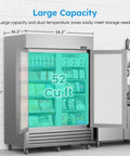 Heavy Duty Commercial Freezer 52 Cubic Feet Capacity with dual temperature zones and stainless steel exterior in kitchen setting.