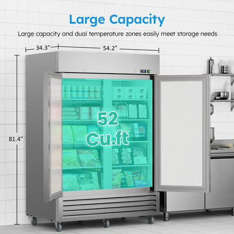 Heavy Duty Commercial Freezer 52 Cubic Feet Capacity with dual temperature zones and stainless steel exterior in kitchen setting.