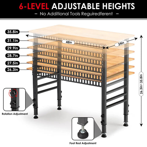 48 Inch Adjustable Workbench With Power Outlet, Heavy Duty 2000 Lb Load Capacity, showing height adjustments and leveling feet.