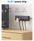 15 Ft Extension Cord Flat Plug Surge Protector Power Strip With USB, 12 Outlets, Wall Mount, in use beside a TV.