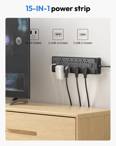 25 Ft Flat Plug Extension Cord Power Strip with 12 Outlets, 3 USB Ports, wall-mounted beside TV, black, indoor use