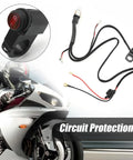 Seven Eighths Inch Handlebar Light Bar Wiring Harness Kit With 12V 40A Relay shown with motorcycle and circuit protection text.