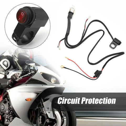 Seven Eighths Inch Handlebar Light Bar Wiring Harness Kit With 12V 40A Relay shown with motorcycle and circuit protection text.