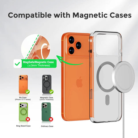 iPhone with clear case showing compatibility with Powerful 25W Magnetic Wireless Charger Two Pack With Qi Two Point Two Fast Wireless Charging Pad.