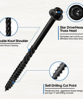 Black screw with star drive head showing double knurl shoulder and self-drilling cut point details for stability and ease.