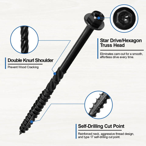 Black screw with star drive head showing double knurl shoulder and self-drilling cut point details for stability and ease.