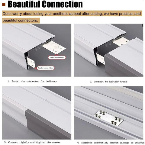 Close-up of Silent Double Track Baffle Curtain Rail With Slick Slimline Pelmet and Butter Smooth Glide Pulleys connectors for seamless installation.