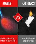 Comparison of two welding blankets under a flame, ours with high density resisting heat, others burning and damaged.