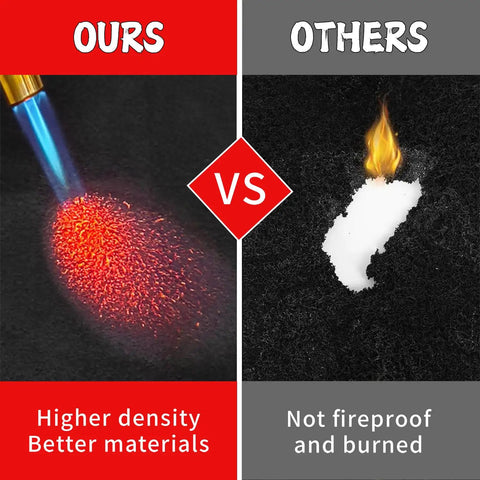 Comparison of two welding blankets under a flame, ours with high density resisting heat, others burning and damaged.