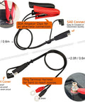 No Fuss Automatic Smart Battery Charger For 12 Volt Cars features alligator clips and SAE connector for easy connections.