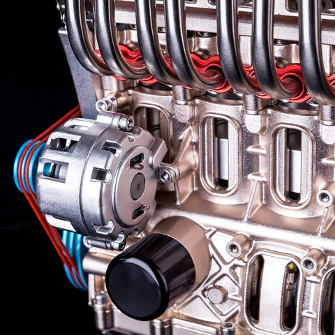 Metal 4-Cylinder Engine Model Kit For Adults And Teens, 325+ Precision Parts, DIY Mechanical Build With Realistic Movement, 4+ Hours Assembly, STEM Project For Car Junkies And Hobbyists close-up of metal engine and wiring