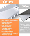 Comparison of universal grill grease tray, showing high strength metal design, anti-corrosion, versus inferior material.
