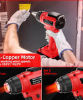 Person holding Cordless 18V Heat Gun With 350W Power And 1022 Fahrenheit High Temp Pro Grade Variable Temperature Control Hot Air Gun Kit With 4 Nozzles And Scraper For Shrink Tubing PVC Wrap No Battery Included