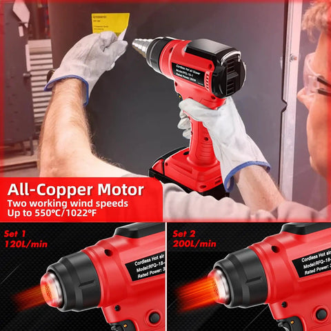 Person holding Cordless 18V Heat Gun With 350W Power And 1022 Fahrenheit High Temp Pro Grade Variable Temperature Control Hot Air Gun Kit With 4 Nozzles And Scraper For Shrink Tubing PVC Wrap No Battery Included