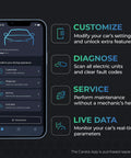 EVO Bluetooth OBD2 Scanner interface on smartphone displaying diagnostic tools and customization options for cars.