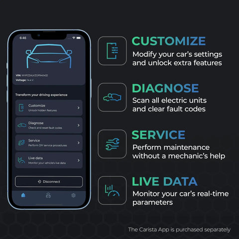 EVO Bluetooth OBD2 Scanner interface on smartphone displaying diagnostic tools and customization options for cars.
