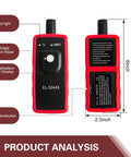 Zero Hassle TPMS Relearn Reset Tool and Tire Pressure Sensor Programmer for Universal Cars Trucks SUVs Clears Dashboard Warning Lights Rock Solid EL-50449 shown from front and back, featuring six-inch length and red accents.