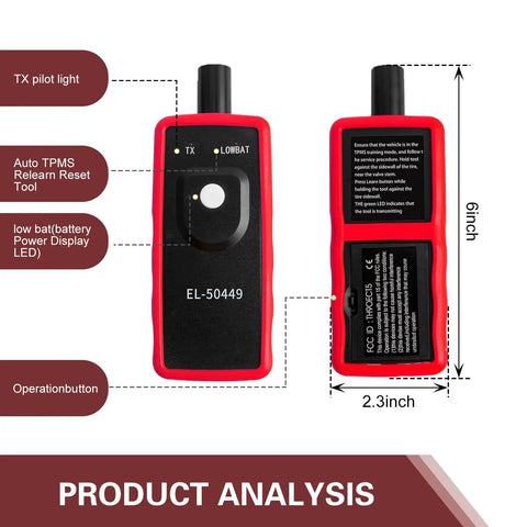 Zero Hassle TPMS Relearn Reset Tool and Tire Pressure Sensor Programmer for Universal Cars Trucks SUVs Clears Dashboard Warning Lights Rock Solid EL-50449 shown from front and back, featuring six-inch length and red accents.