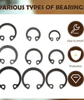 External Circlip Assortment Kit 100 Pcs Black Steel C Clips Rotatable Snap Rings for DIY Maintenance Auto Repairs Bearings Gears