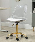 Clear Ergonomic Office Chair With Plush Seat Pad Smooth Swivel Rolling Base Height Adjustable Transparent Acrylic Shell in gold base.