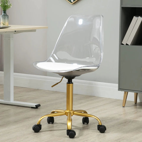 Clear Ergonomic Office Chair With Plush Seat Pad Smooth Swivel Rolling Base Height Adjustable Transparent Acrylic Shell in gold base.