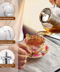 1 Liter Glass Teapot With Removable Infuser, Stovetop Safe Blooming And Loose Leaf Tea Maker pouring tea into a floral cup