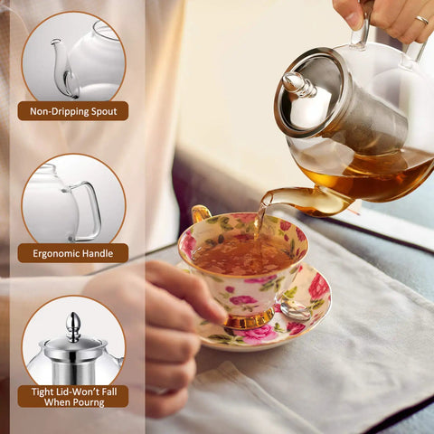 1 Liter Glass Teapot With Removable Infuser, Stovetop Safe Blooming And Loose Leaf Tea Maker pouring tea into a floral cup