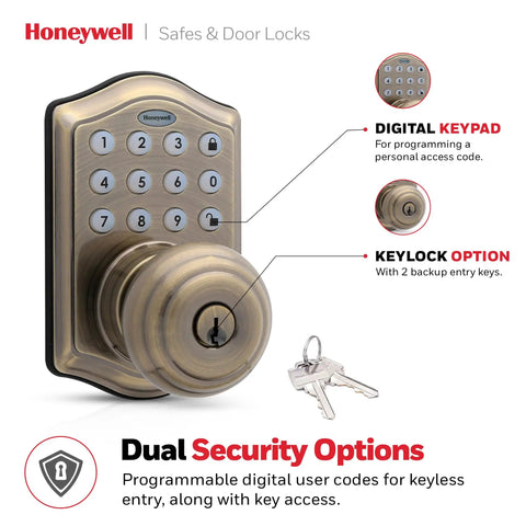 Keyless Entry Smart Door Knob Lock With Digital Keypad Auto Lock 50 User Pin Codes One Touch Locking Antique Brass Finish