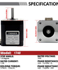 Side and front views of MAKERELE NEMA 17 stepper motor; black 42×42×48mm body with silver shaft.