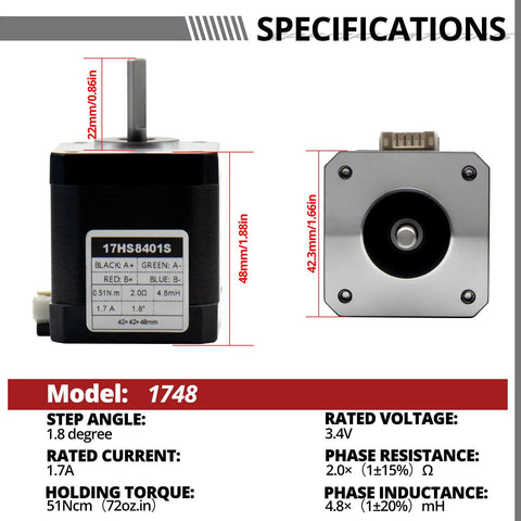 Side and front views of MAKERELE NEMA 17 stepper motor; black 42×42×48mm body with silver shaft.