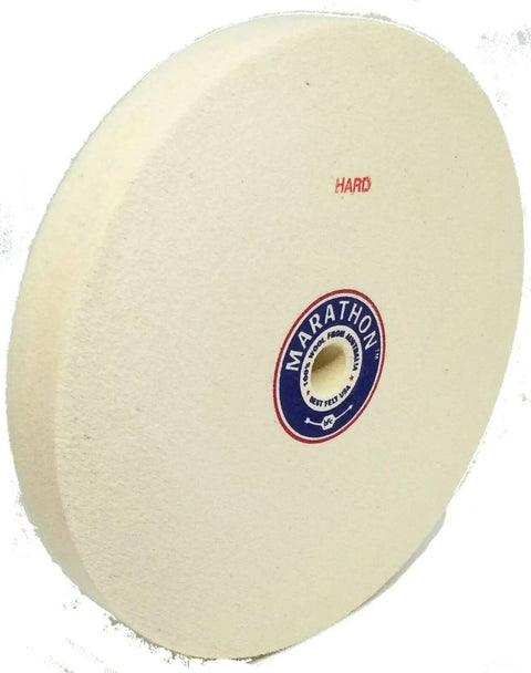Top Shelf Heavy Duty Carbonized Wool Buffing Wheel Eight Inch Diameter One Inch Thick Five Eighths Inch Arbor Mount side view showing hard texture.