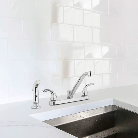 Two Handle Kitchen Faucet With Side Spray In Polished Chrome, Modern High Arc Sink Faucet installed in white tiled kitchen
