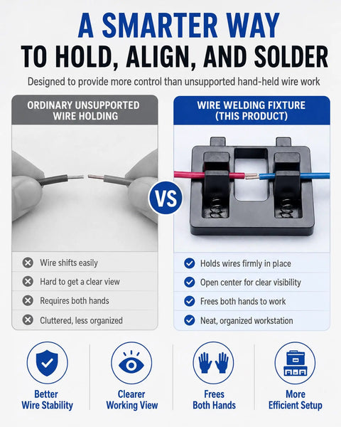 Comparison of wire holding methods; left shows unsupported method, right features Secure Heavy Duty Spring Loaded Soldering Jig Grips Stripped Wires Snug.