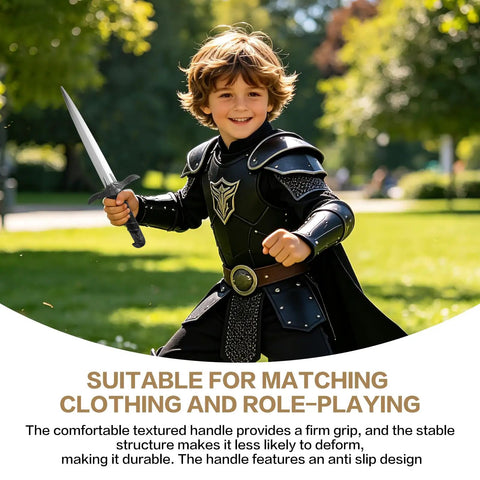 Child in knight costume holding 16 Inch Foam Dagger Prop Two Pack For LARP Cosplay And Renaissance Knight Theatrical Safe Costume Accessory