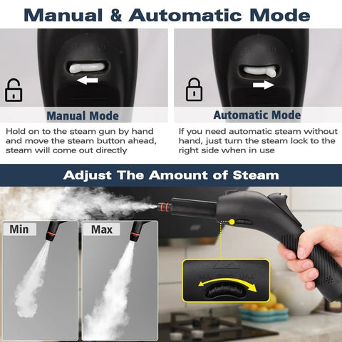 Demonstration of Handheld Steam Cleaner With 21 Quick Swap Nozzles And 248 Degree Vapor, showing manual and automatic steam settings.