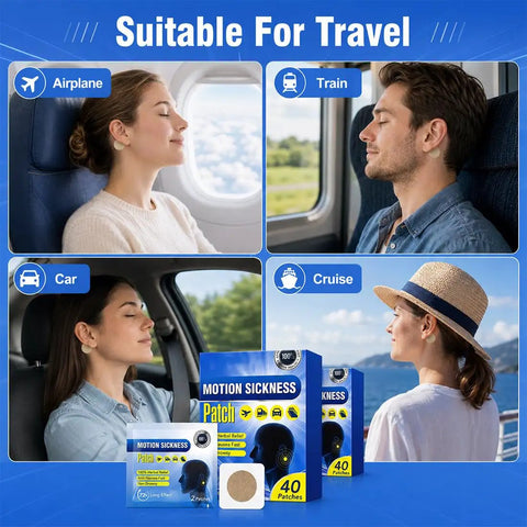 80 Count Motion Sickness Patches For Travel On The Go Non Drowsy Relief Lasts 72 Hours Breathable Non Woven Fabric With Fresh Mint Scent Safe For Adults And Kids 4 Plus For Cruise Car Airplane And Other Travel shown on airplane, train, car, and cruise