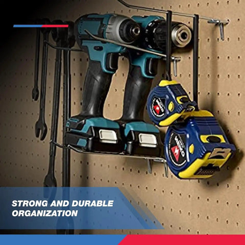 Power tools and tape measures on Six Inch Pegboard Hook Organizer Kit 50 Pack For Garage Wall Storage And Shelving