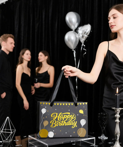 Black Birthday Gift Bag For Men With Foil Stamping And Tissue Paper, 12.5 Inch Medium Gift Bag With Greeting Card at party