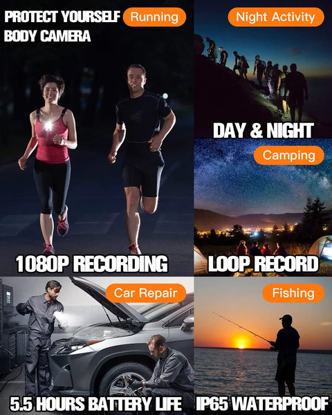 Pocket Size 1080P Body Camera With Audio And Video Recording On The Go Mini Cam Recorder 64GB Waterproof Headlamp Flashlight
