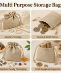 Multi-purpose burlap storage bags for jewelry, coins, seeds, and craft supplies, displayed with items for illustrative use.