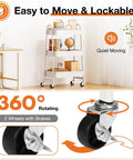 3-Tier Rolling Utility Cart With Locking Wheels For Small Spaces in living room, highlighting swivel and locking wheels.