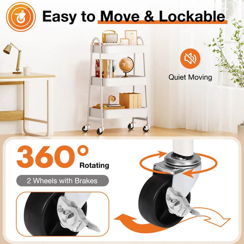 3-Tier Rolling Utility Cart With Locking Wheels For Small Spaces in living room, highlighting swivel and locking wheels.