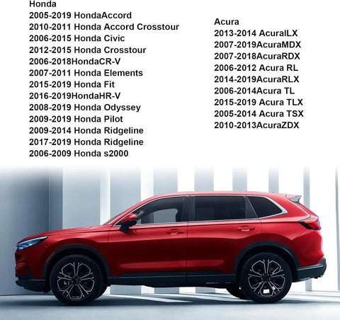 Side view of a red Honda SUV under bright lighting against a white background with compatibility list for Honda and Acura models.