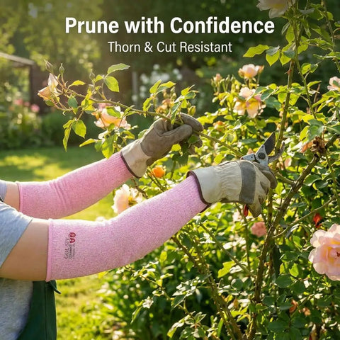 Heavy Duty Cut Resistant Arm Sleeves With Thumb Holes For Mechanics And Glass Handling Shielding Delicate Skin Straight Up Like Body Armor In Pink Pair worn while pruning roses.
