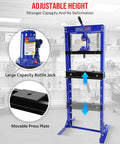 12 Ton Hydraulic Shop Press With H Frame Bearing And Adjustable Height Heavy Duty Workstation showcasing large bottle jack and movable press plate.