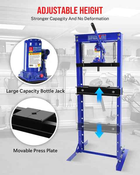 12 Ton Hydraulic Shop Press With H Frame Bearing And Adjustable Height Heavy Duty Workstation showcasing large bottle jack and movable press plate.