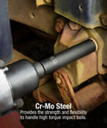 One Half Inch Drive Three Quarter Inch Extra Long Deep Impact Socket Built From Cr Mo Alloy Steel Radius Corner Design Dual Size Markings For Heavy Duty Torque And Auto Garage Jobs being used on a machine