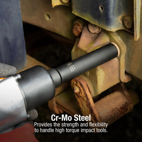 One Half Inch Drive Three Quarter Inch Extra Long Deep Impact Socket Built From Cr Mo Alloy Steel Radius Corner Design Dual Size Markings For Heavy Duty Torque And Auto Garage Jobs being used on a machine