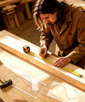 2 Piece Heavy Duty Acrylic Baby Closet Divider Router Template With Curved Hanger Cutting Stencil; man measuring wood using a tape.